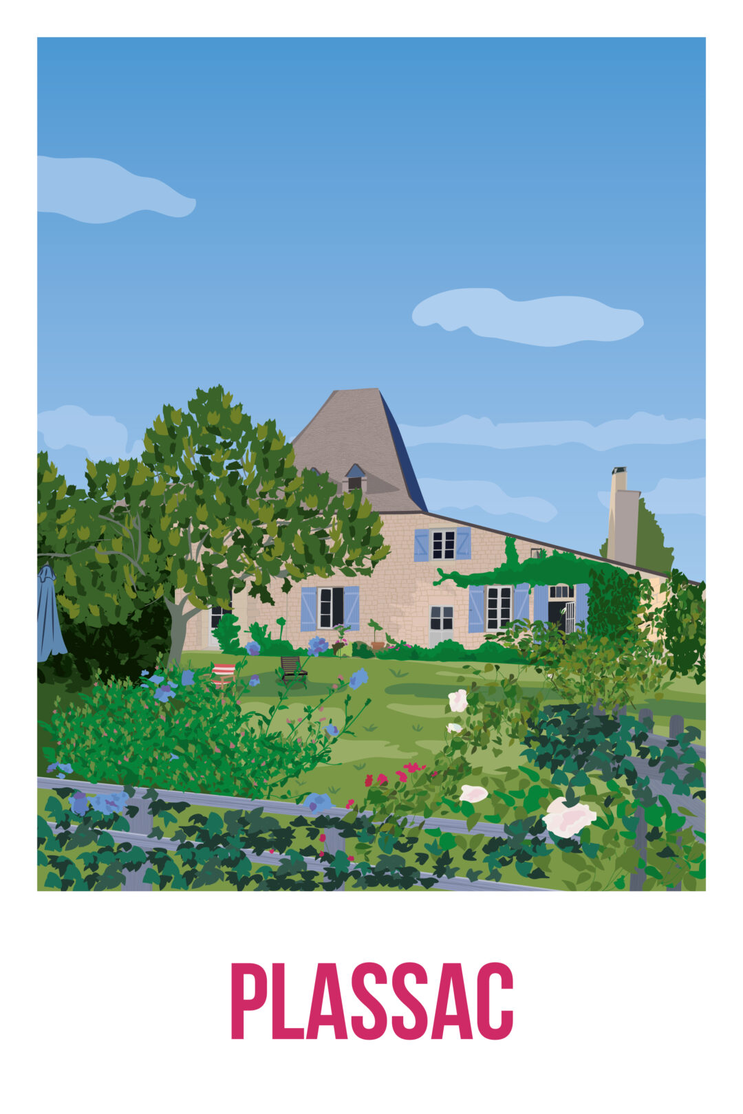 Illustration d'une charmante maison en pierre aux volets bleus, entourée d'une végétation luxuriante et de fleurs épanouies sous un ciel bleu clair. Le texte en gros caractères en bas de page indique "PLASSAC".