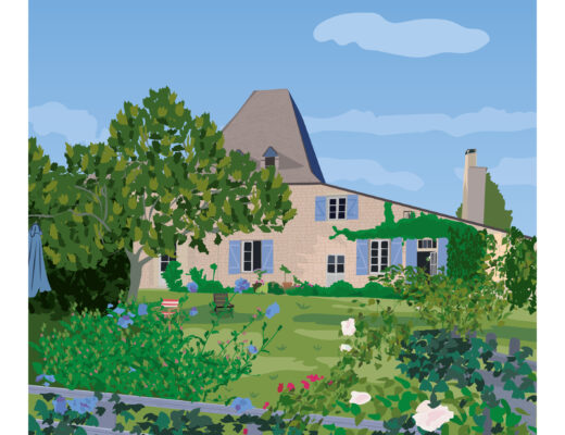 Illustration d'une charmante maison en pierre aux volets bleus, entourée d'une végétation luxuriante et de fleurs épanouies sous un ciel bleu clair. Le texte en gros caractères en bas de page indique "PLASSAC".