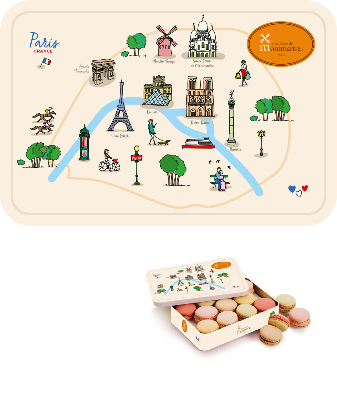 Une boîte décorative dont le couvercle est orné d'une illustration des monuments de Paris s'ouvre, révélant des macarons colorés à l'intérieur. Au-dessus de la boîte se trouve un dessin représentant une carte de Paris avec des sites emblématiques tels que la Tour Eiffel, le Sacré-Cœur et des moulins à vent.