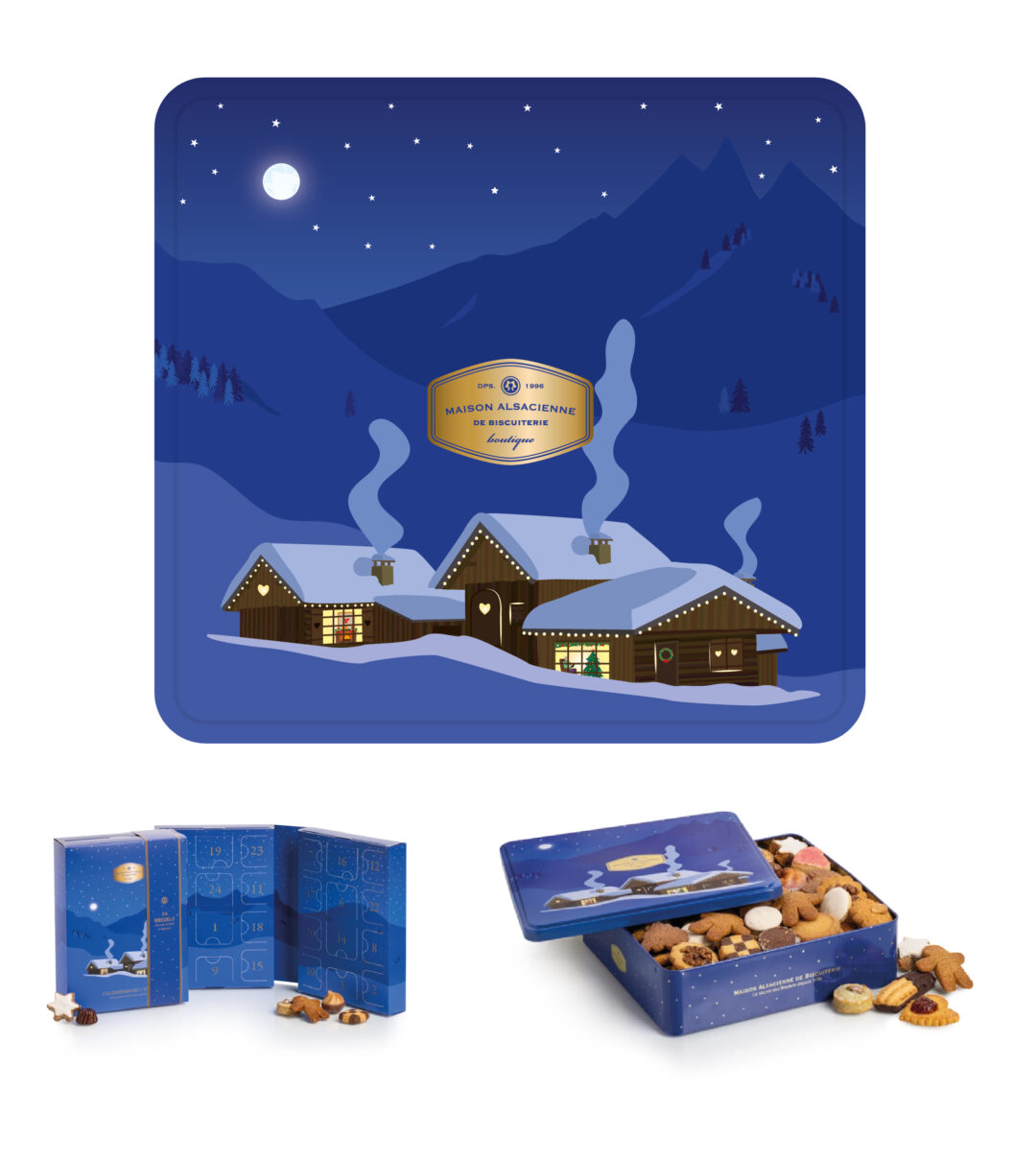 Une boîte bleue festive et un calendrier de l'Avent représentent un village d'hiver enneigé la nuit, avec des montagnes, des étoiles et des cheminées fumantes. La boîte est ouverte, laissant apparaître des biscuits assortis à l'intérieur.
