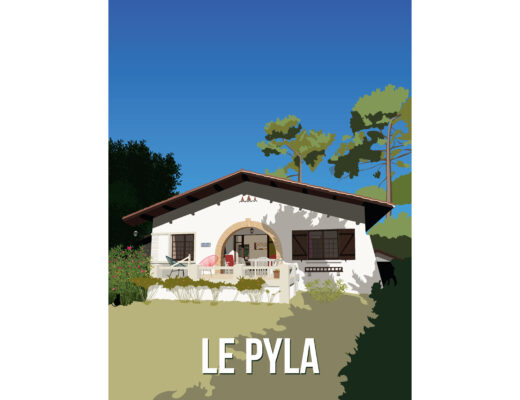 Illustration d'une maison blanche au toit brun, entourée de verdure et d'arbres sous un ciel bleu clair. Les mots "LE PYLA" apparaissent en caractères gras et blancs dans la partie inférieure.